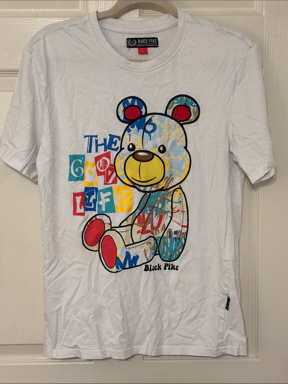 Black Pike White Embroidered Graphic Teddy Short Sleeve Tee